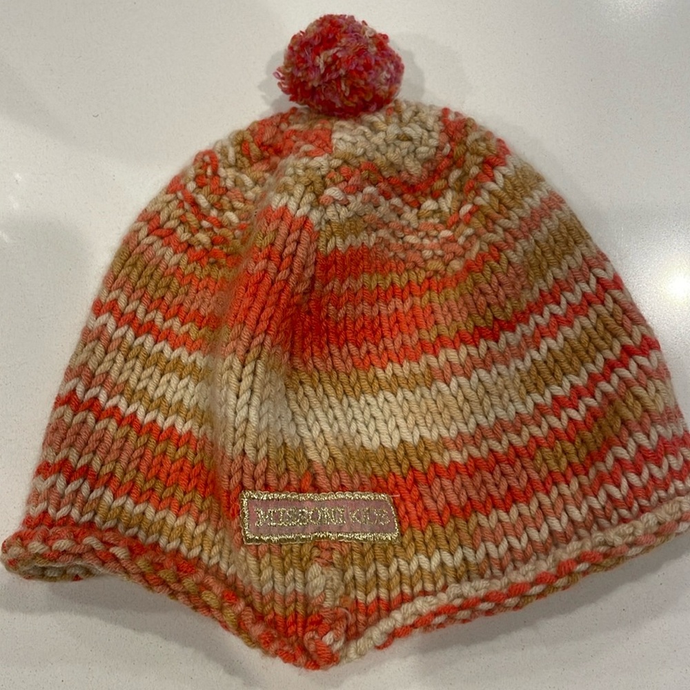 Missoni kids girls boys 9-12 heribgbone stripe with pomp tan orange Mave